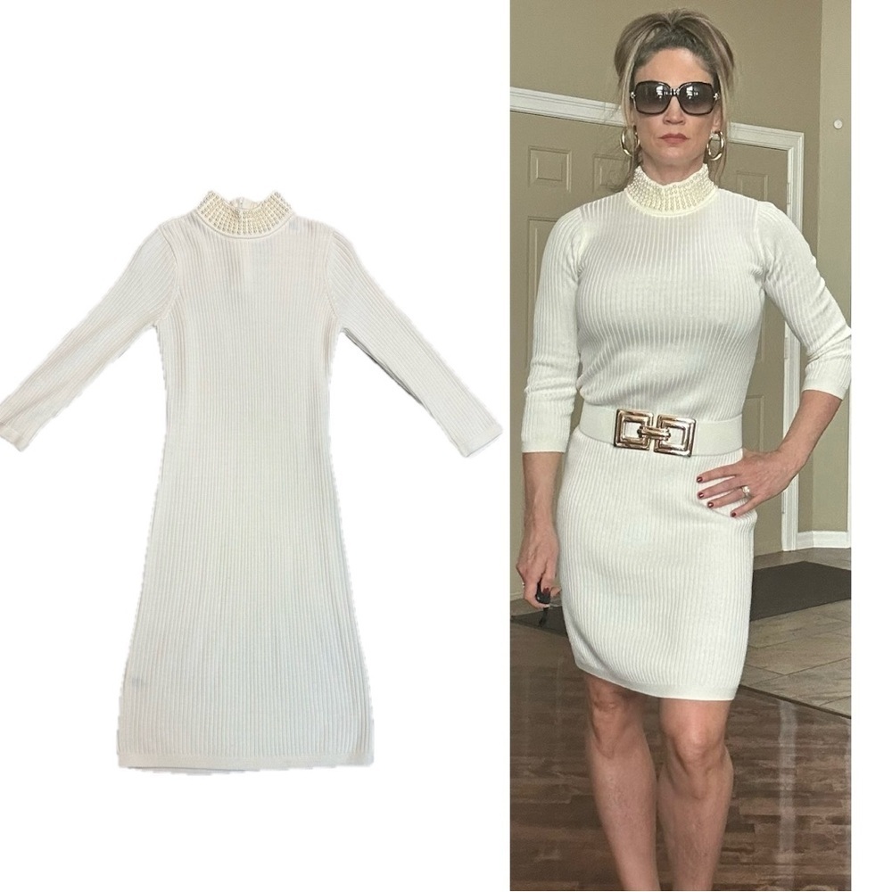Calvin Klein cream faux Pearl embellished neck ribbed knit dress long sleeve L